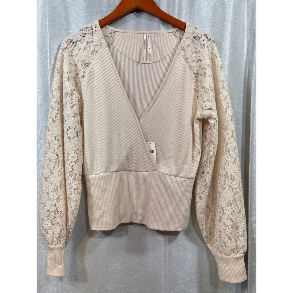 Anthropologie Creme Ribbed Surplice V-Neck Top Lace Balloon Sleeves Medium NEW